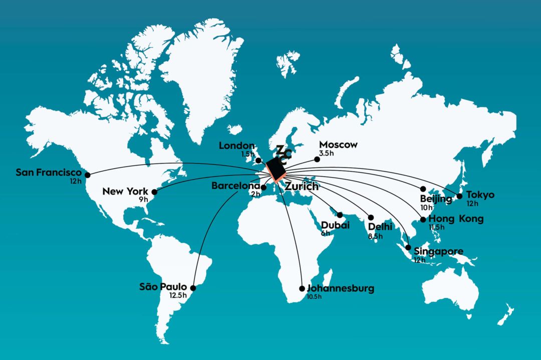 World map with flight times to Zurich